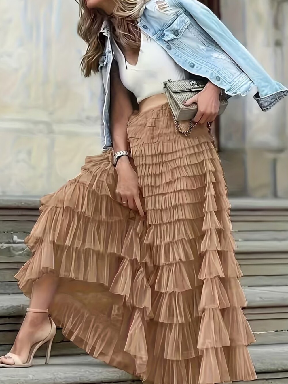 New French Style Long Skirt For Women, Elegant High Waist Mesh Tulle Puff Skirt,